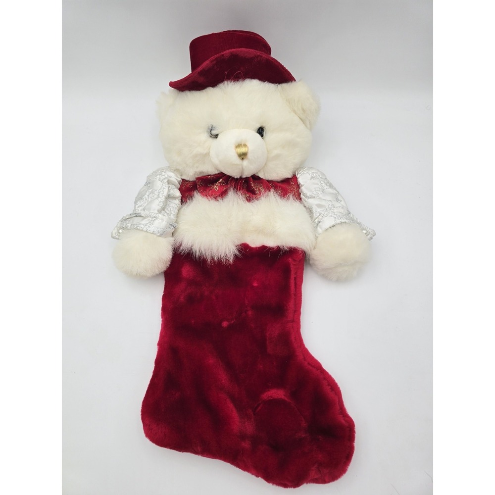 Vintage Dan Dee 3D Plush Bear Top Hat Christmas Stocking Red White